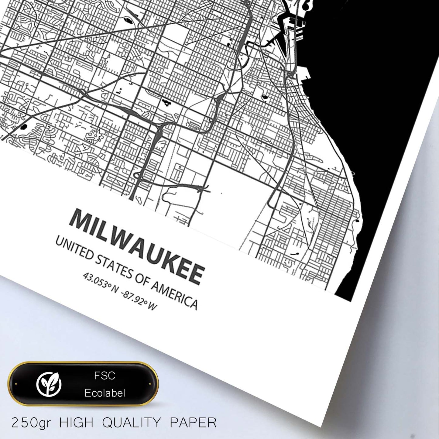 Poster con mapa de Milwaukee - USA. Láminas de ciudades de Estados Unidos con mares y ríos en color negro.-Artwork-Nacnic-Nacnic Estudio SL