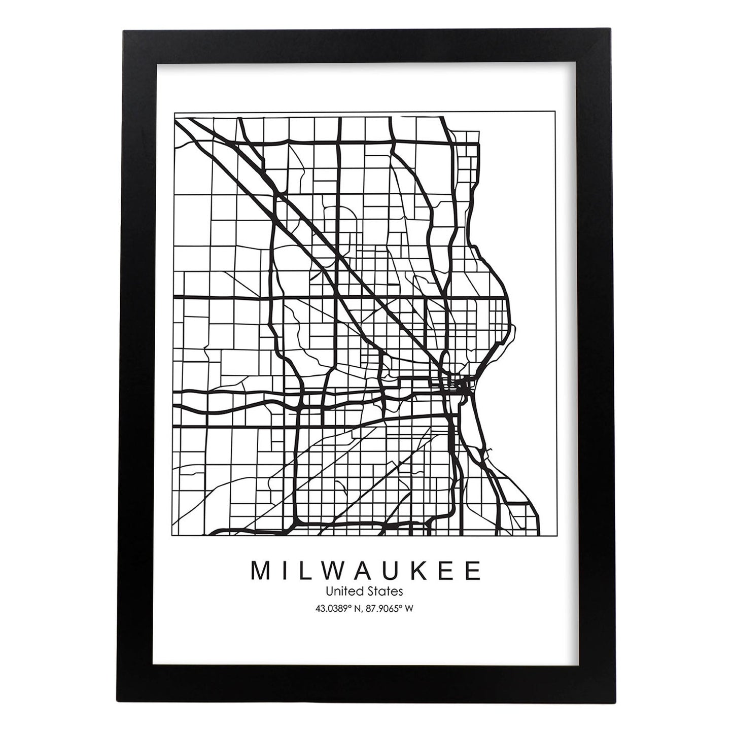 Poster con mapa de Milwaukee. Lámina de Estados Unidos, con imágenes de mapas y carreteras-Artwork-Nacnic-A3-Marco Negro-Nacnic Estudio SL