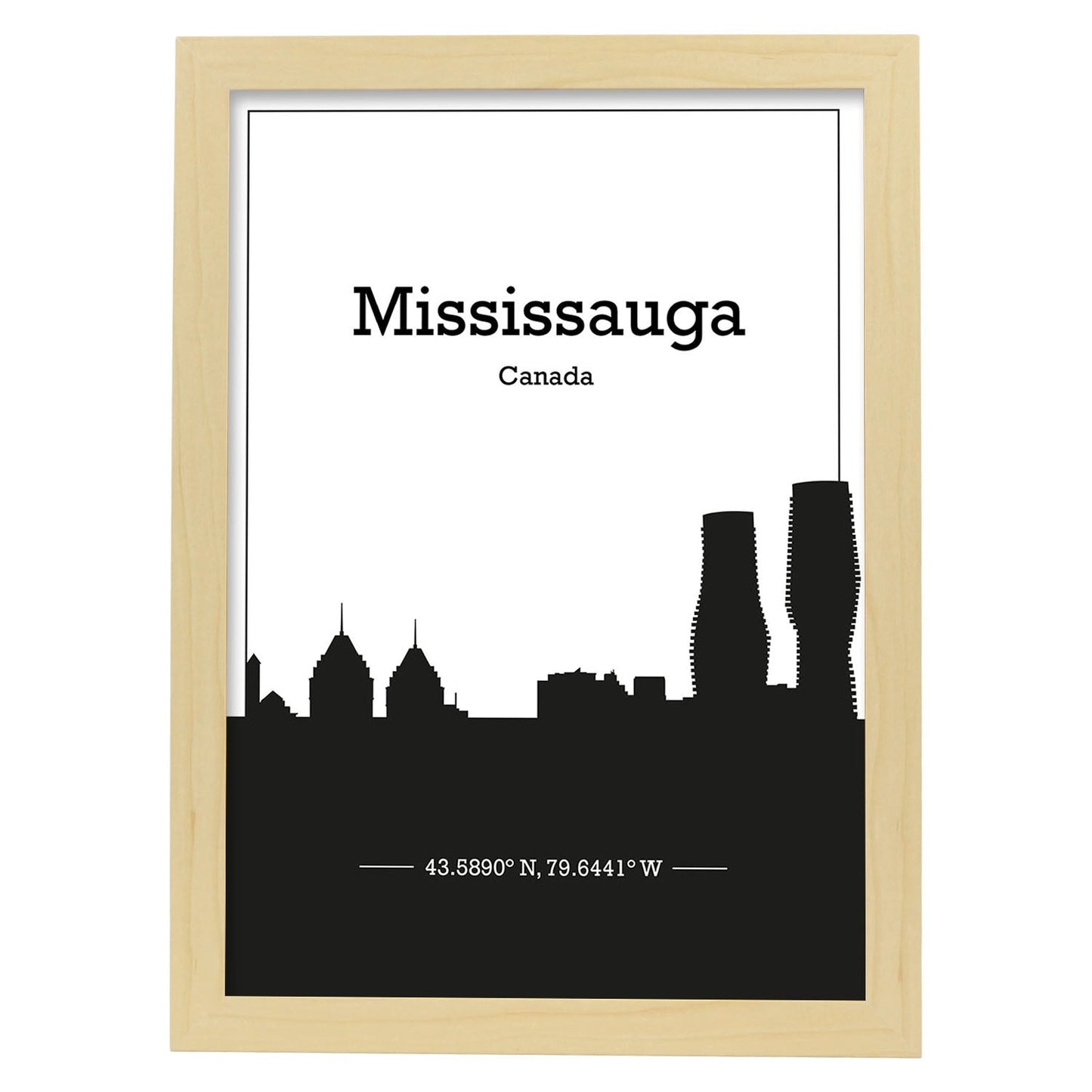 Poster con mapa de Mississauga - Canada. Láminas con Skyline de ciudades de Estados Unidos, Canada, Mexico con sombra negra.-Artwork-Nacnic-A3-Marco Madera clara-Nacnic Estudio SL