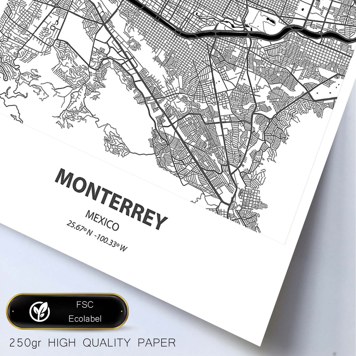 Poster con mapa de Monterrey - Mexico. Láminas de ciudades de Latinoamérica con mares y ríos en color negro.-Artwork-Nacnic-Nacnic Estudio SL