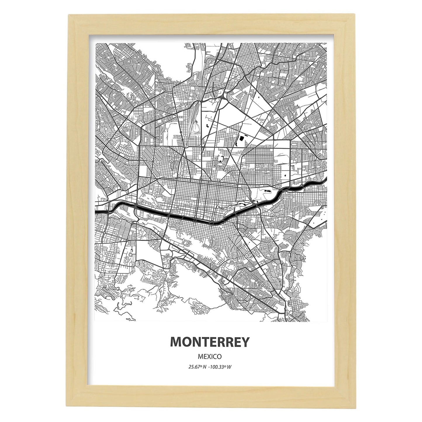 Poster con mapa de Monterrey - Mexico. Láminas de ciudades de Latinoamérica con mares y ríos en color negro.-Artwork-Nacnic-A3-Marco Madera clara-Nacnic Estudio SL