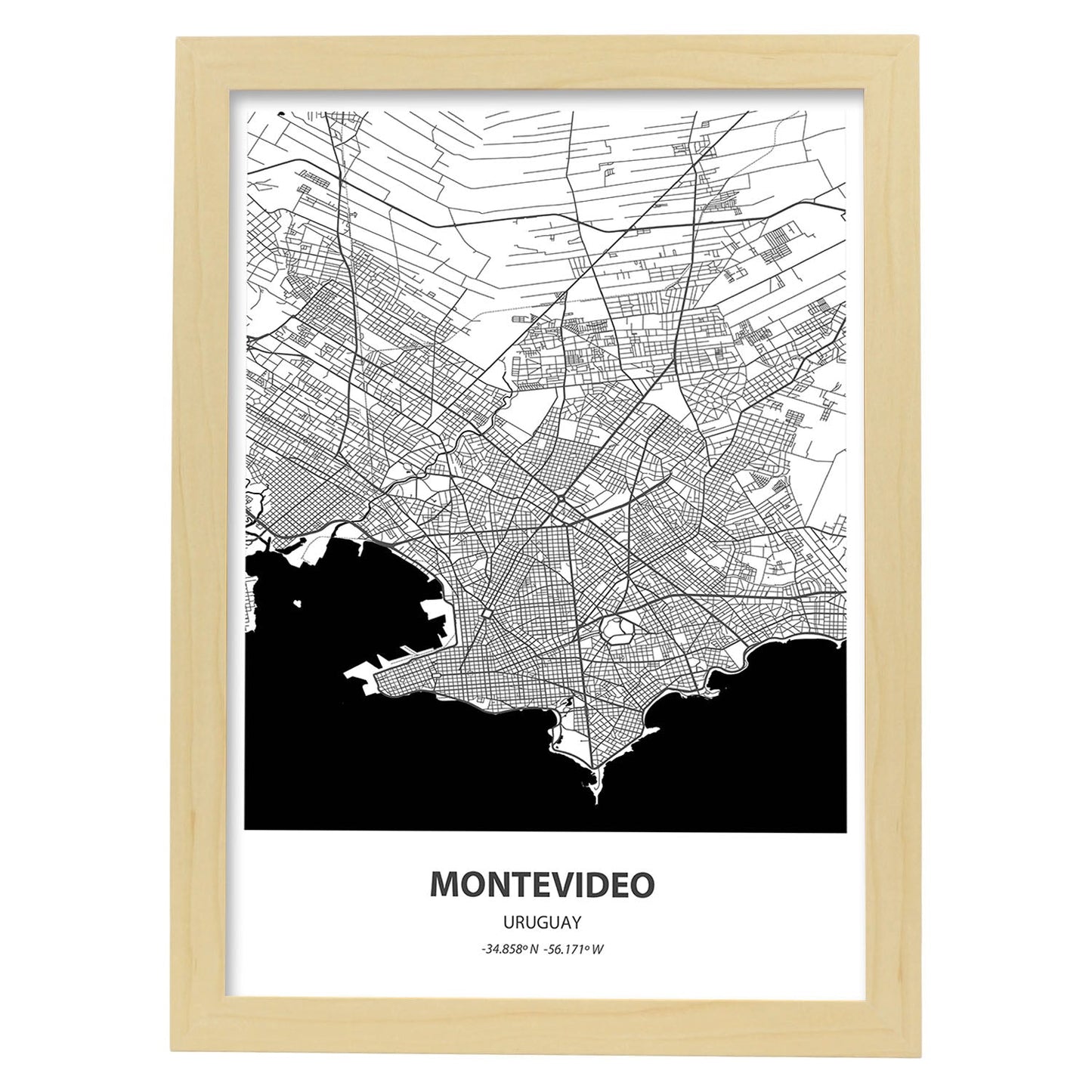 Poster con mapa de Montevideo - Canada. Láminas de ciudades de Estados Unidos con mares y ríos en color negro.-Artwork-Nacnic-A3-Marco Madera clara-Nacnic Estudio SL