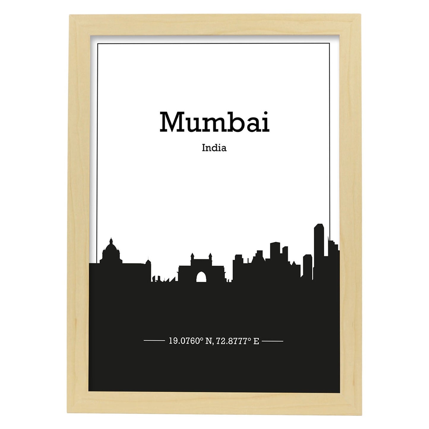 Poster con mapa de Mumbai - India. Láminas con Skyline de ciudades de Asia, Australia, y Oriente Medio con sombra negra.-Artwork-Nacnic-A4-Marco Madera clara-Nacnic Estudio SL