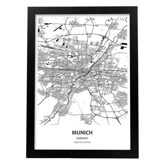 Poster con mapa de Munich - Alemania. Láminas de ciudades de Alemania con mares y ríos en color negro.-Artwork-Nacnic-A4-Marco Negro-Nacnic Estudio SL