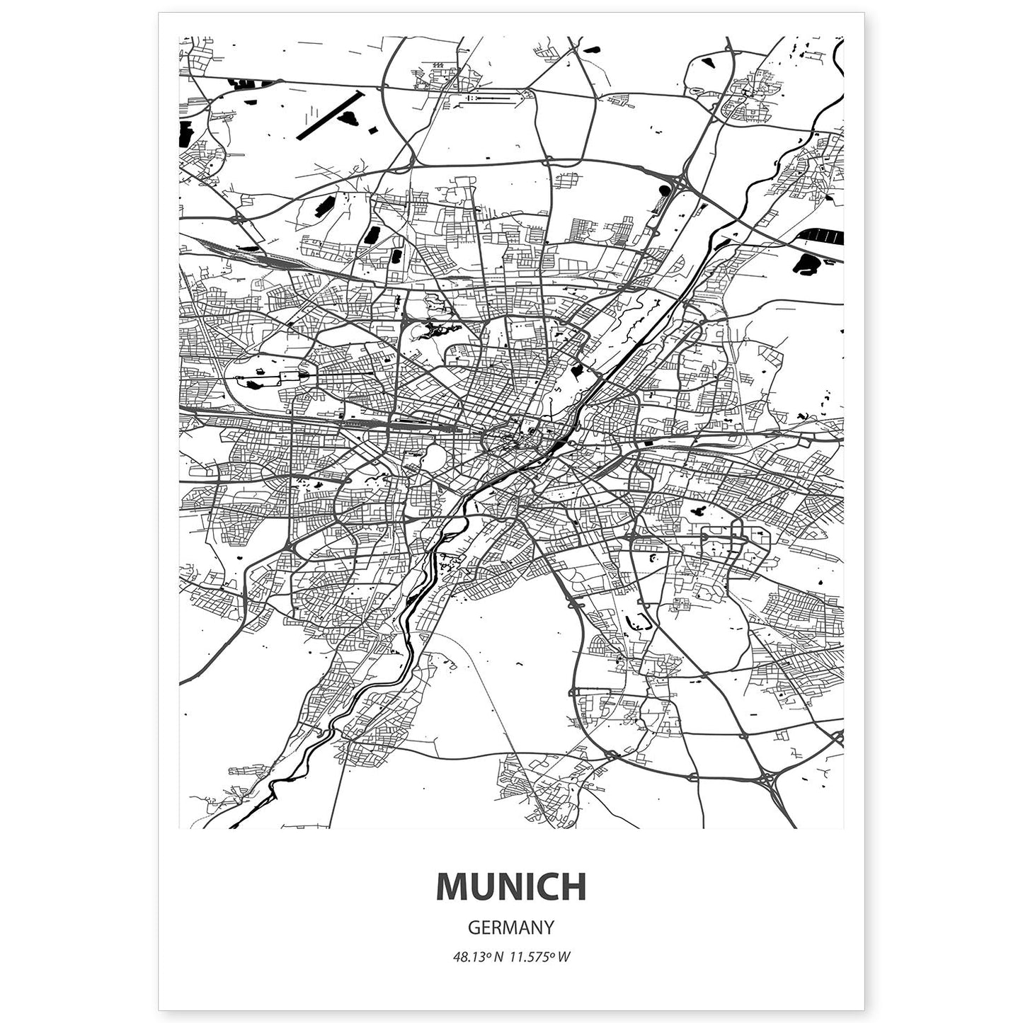 Poster con mapa de Munich - Alemania. Láminas de ciudades de Alemania con mares y ríos en color negro.-Artwork-Nacnic-A4-Sin marco-Nacnic Estudio SL