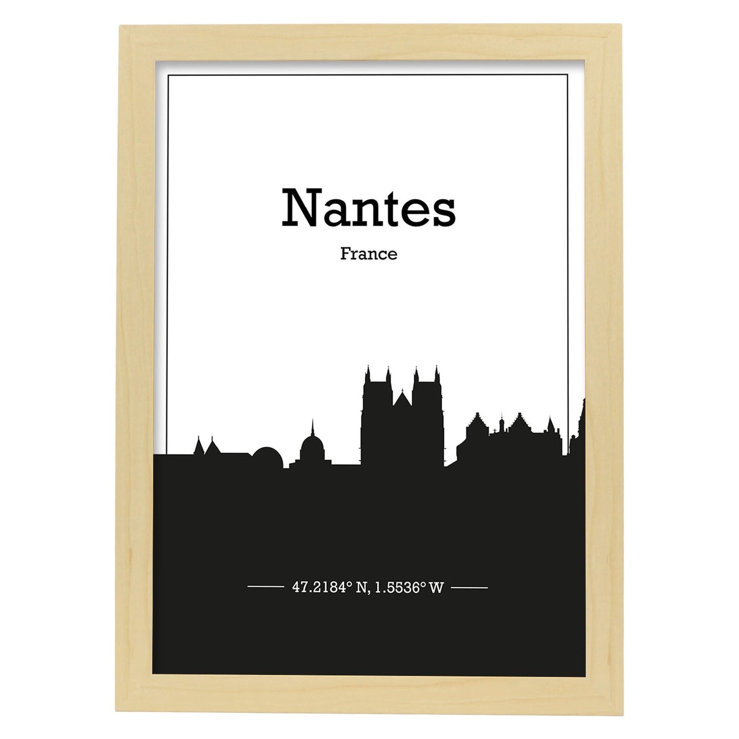 Poster con mapa de Nantes - Francia. Láminas con Skyline de ciudades de Francia con sombra negra.-Artwork-Nacnic-A4-Marco Madera clara-Nacnic Estudio SL