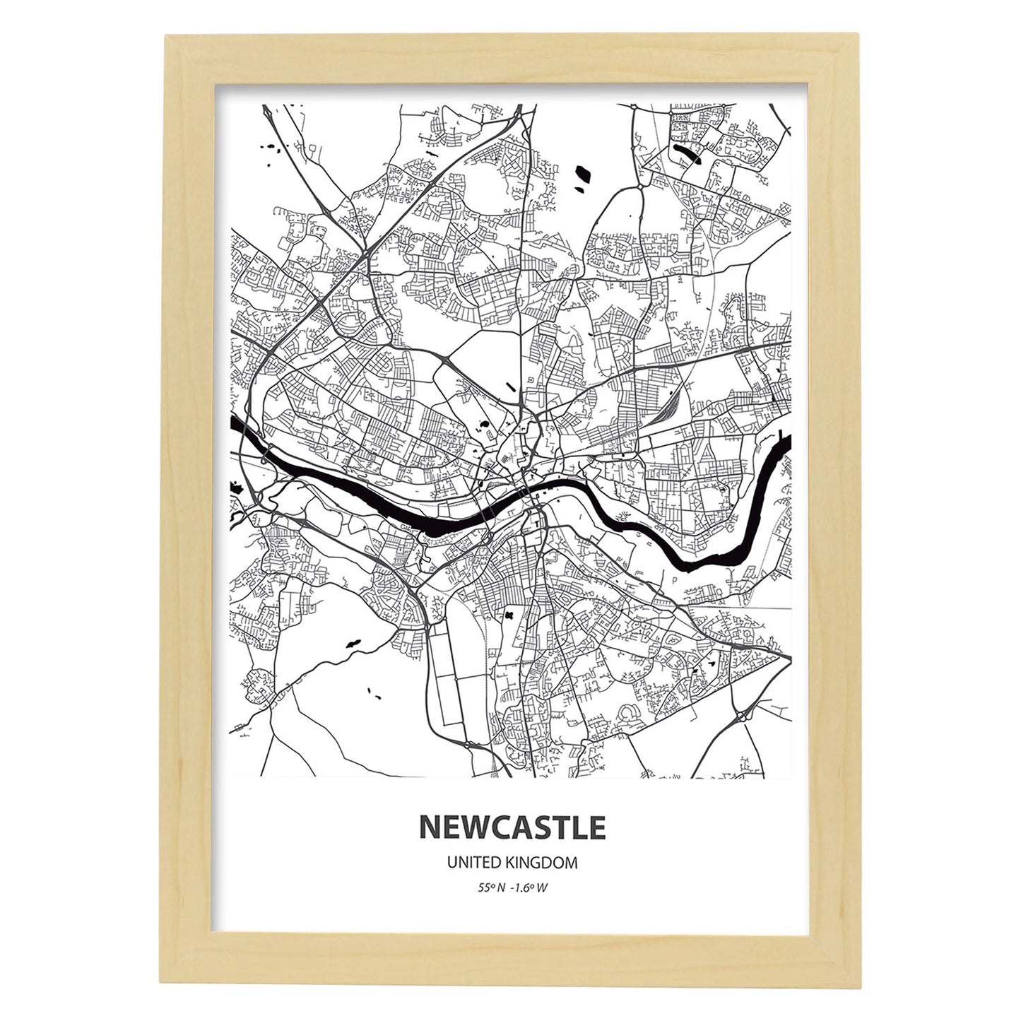 Poster con mapa de NewCastle - Reino Unido. Láminas de ciudades de Reino Unido con mares y ríos en color negro.-Artwork-Nacnic-A4-Marco Madera clara-Nacnic Estudio SL