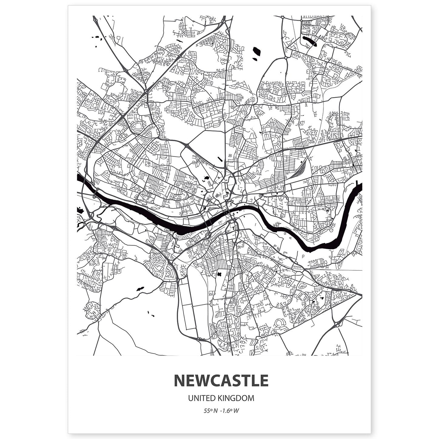 Poster con mapa de NewCastle - Reino Unido. Láminas de ciudades de Reino Unido con mares y ríos en color negro.-Artwork-Nacnic-A4-Sin marco-Nacnic Estudio SL