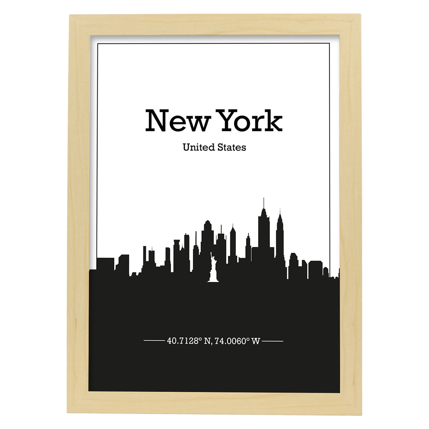 Poster con mapa de Newyork - USA. Láminas con Skyline de ciudades de Estados Unidos, Canada, Mexico con sombra negra.-Artwork-Nacnic-A3-Marco Madera clara-Nacnic Estudio SL
