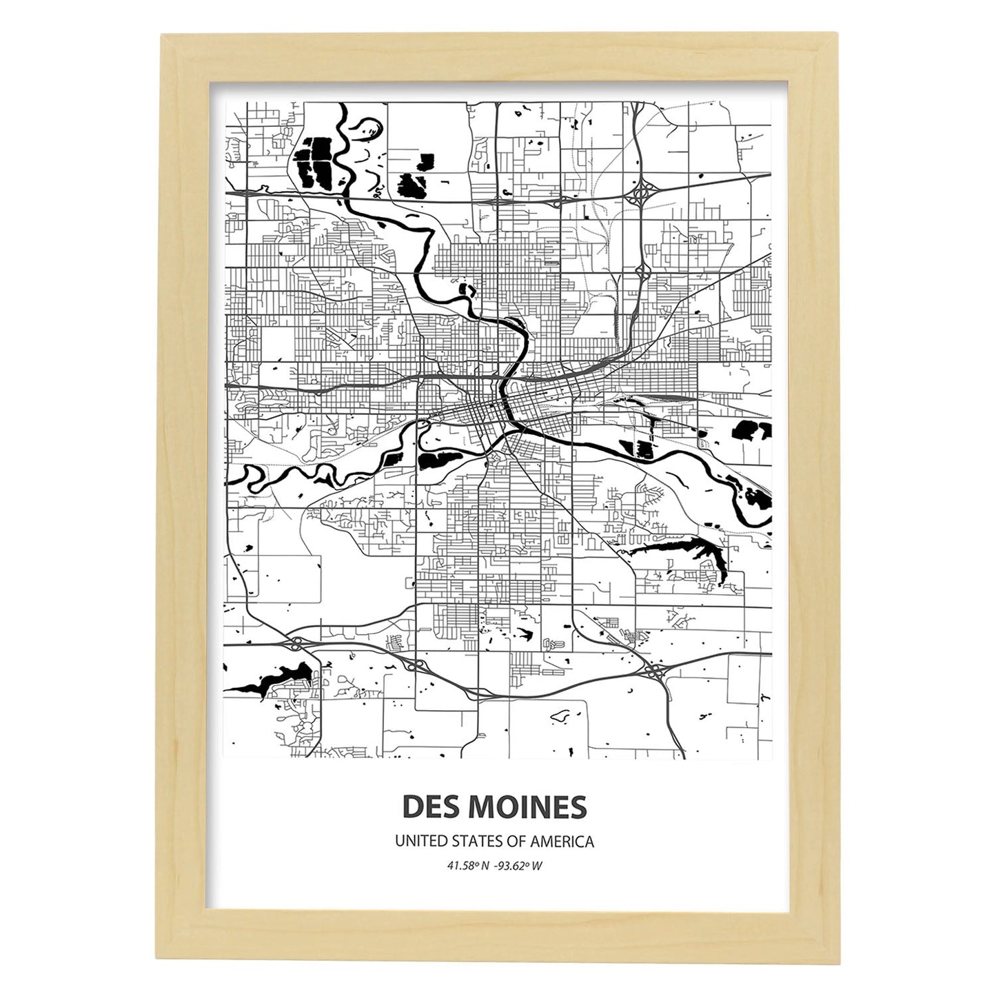 Poster con mapa de Omaha - USA. Láminas de ciudades de Estados Unidos con mares y ríos en color negro.-Artwork-Nacnic-A3-Marco Madera clara-Nacnic Estudio SL