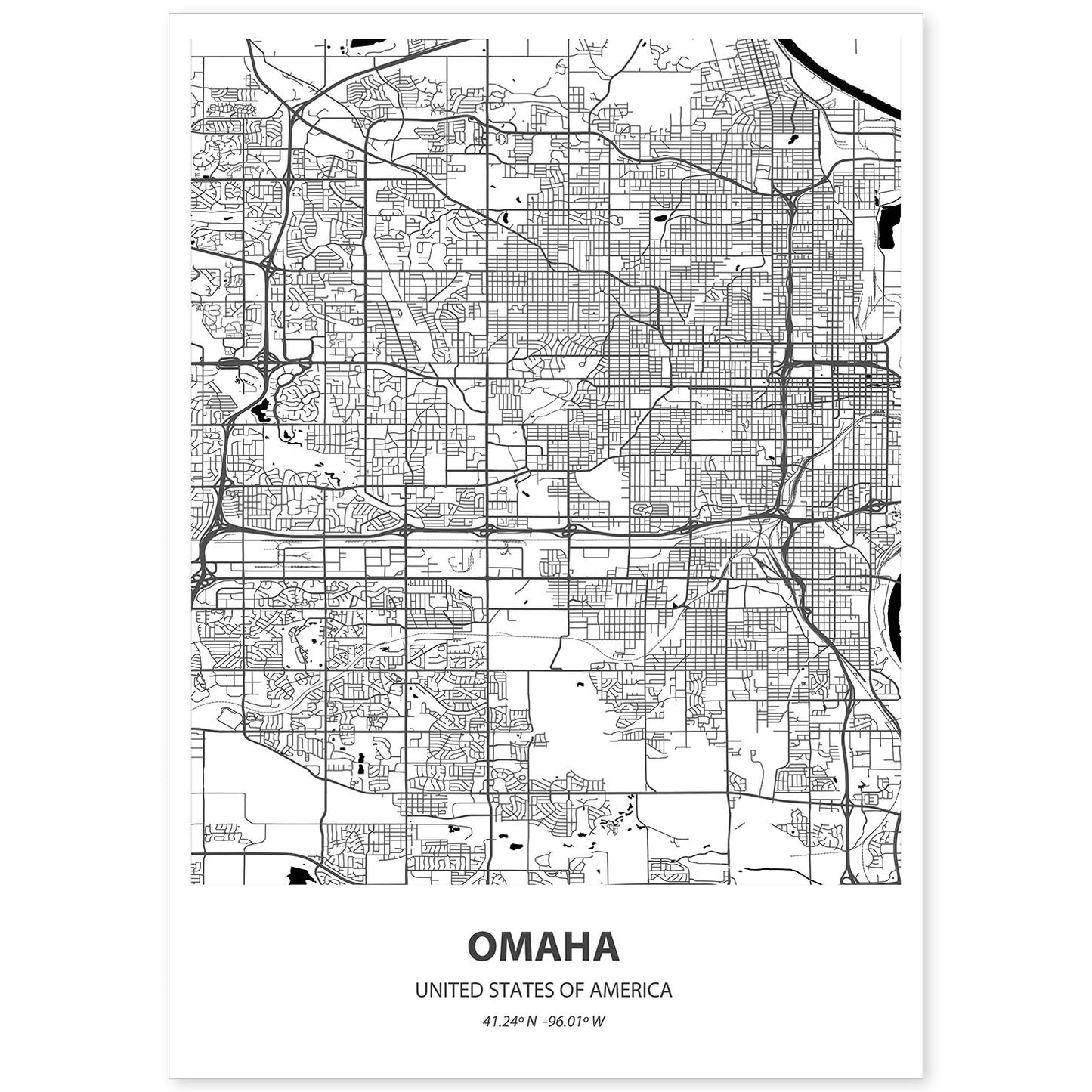 Poster con mapa de Omaha - USA. Láminas de ciudades de Estados Unidos con mares y ríos en color negro.-Artwork-Nacnic-A4-Sin marco-Nacnic Estudio SL