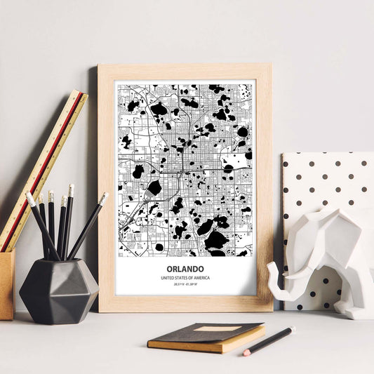 Poster con mapa de Orlando - USA. Láminas de ciudades de Estados Unidos con mares y ríos en color negro.-Artwork-Nacnic-Nacnic Estudio SL