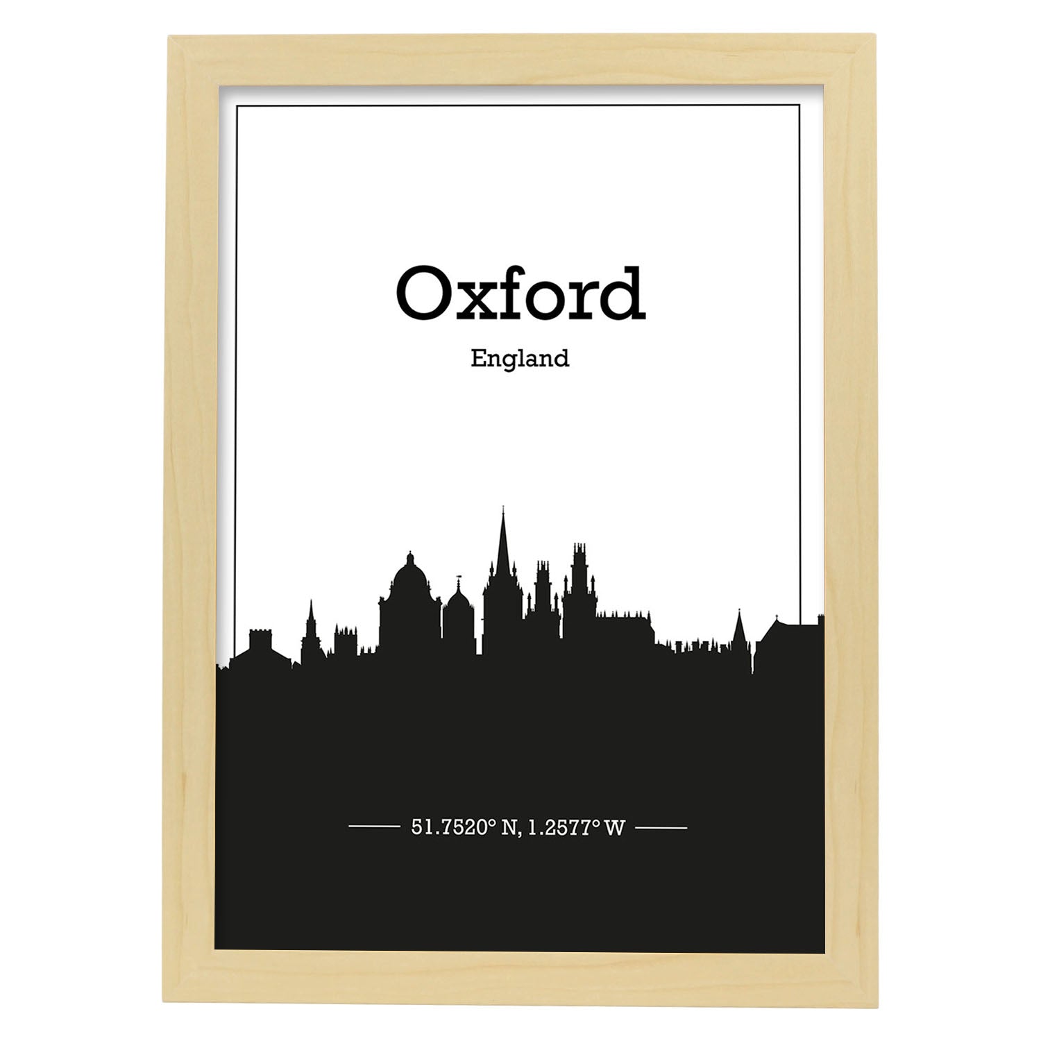 Poster con mapa de Oxford - Inglaterra. Láminas con Skyline de ciudades de Inglaterra e Irlanda con sombra negra.-Artwork-Nacnic-A4-Marco Madera clara-Nacnic Estudio SL