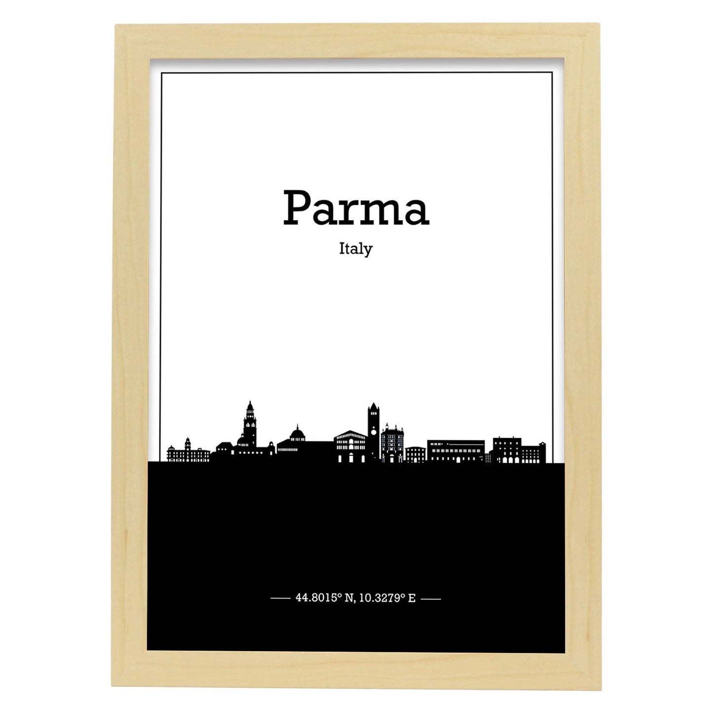 Poster con mapa de Parma - Italia. Láminas con Skyline de ciudades de Italia con sombra negra.-Artwork-Nacnic-A4-Marco Madera clara-Nacnic Estudio SL
