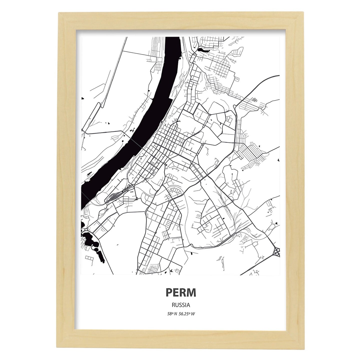 Poster con mapa de Perm - Rusia. Láminas de ciudades de Asia con mares y ríos en color negro.-Artwork-Nacnic-A3-Marco Madera clara-Nacnic Estudio SL