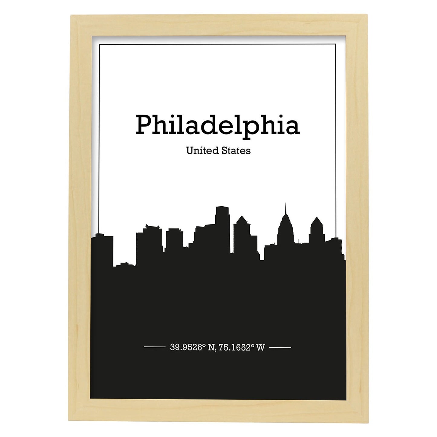 Poster con mapa de Philadelphia - USA. Láminas con Skyline de ciudades de Estados Unidos, Canada, Mexico con sombra negra.-Artwork-Nacnic-A3-Marco Madera clara-Nacnic Estudio SL
