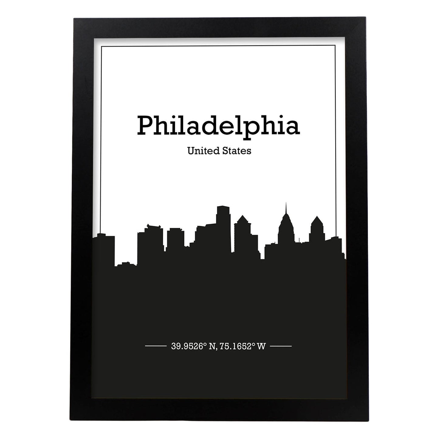 Poster con mapa de Philadelphia - USA. Láminas con Skyline de ciudades de Estados Unidos, Canada, Mexico con sombra negra.-Artwork-Nacnic-A3-Marco Negro-Nacnic Estudio SL