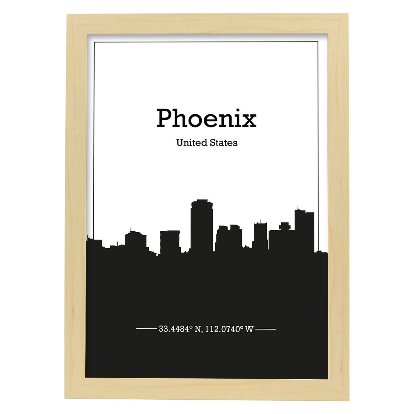Poster con mapa de Phoenix - USA. Láminas con Skyline de ciudades de Estados Unidos, Canada, Mexico con sombra negra.-Artwork-Nacnic-A4-Marco Madera clara-Nacnic Estudio SL