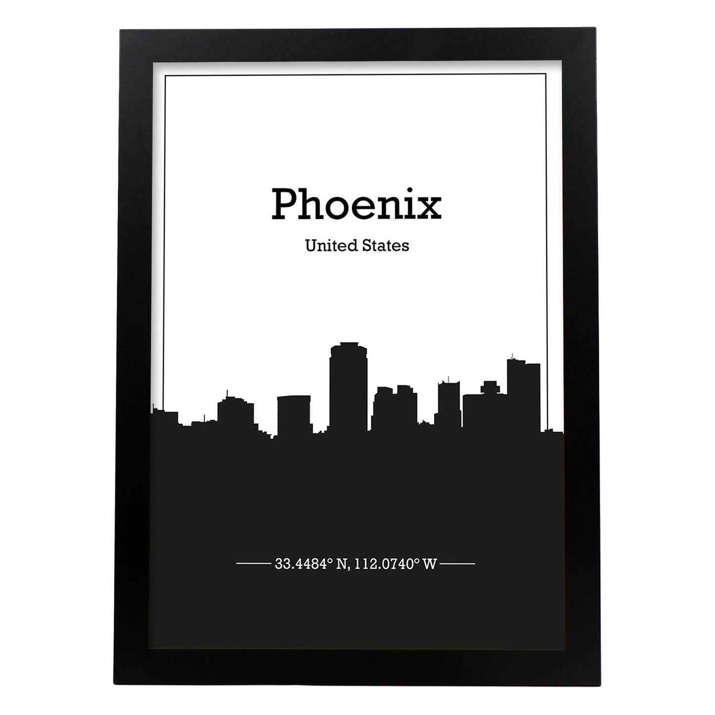 Poster con mapa de Phoenix - USA. Láminas con Skyline de ciudades de Estados Unidos, Canada, Mexico con sombra negra.-Artwork-Nacnic-A4-Marco Negro-Nacnic Estudio SL