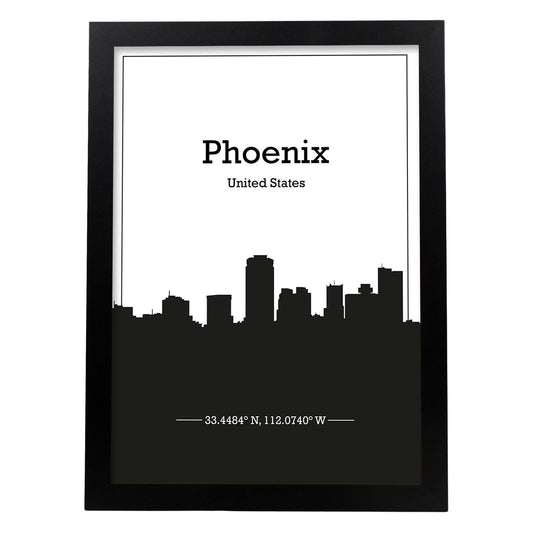 Poster con mapa de Phoenix - USA. Láminas con Skyline de ciudades de Estados Unidos, Canada, Mexico con sombra negra.-Artwork-Nacnic-A4-Marco Negro-Nacnic Estudio SL