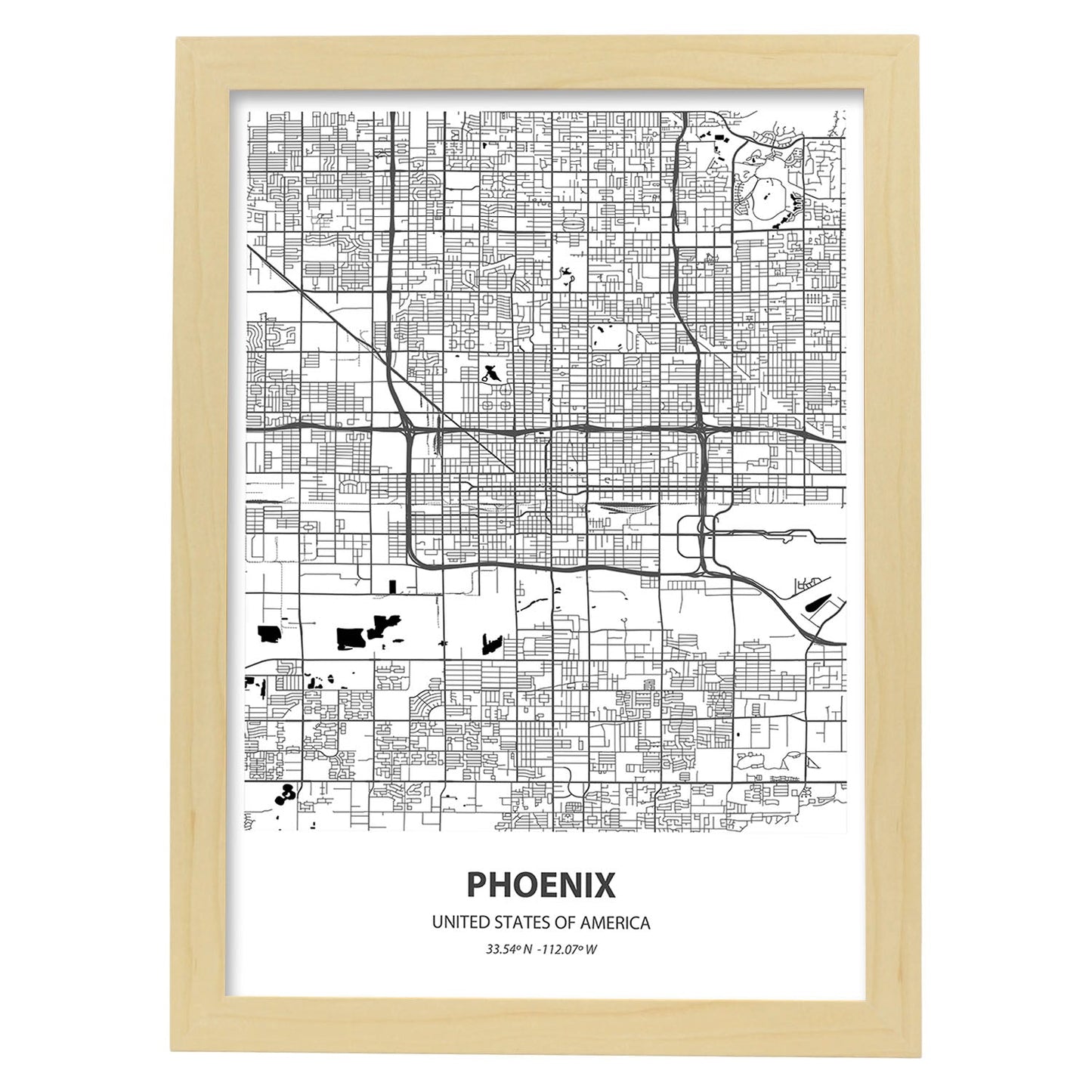 Poster con mapa de Phoenix - USA. Láminas de ciudades de Estados Unidos con mares y ríos en color negro.-Artwork-Nacnic-A3-Marco Madera clara-Nacnic Estudio SL