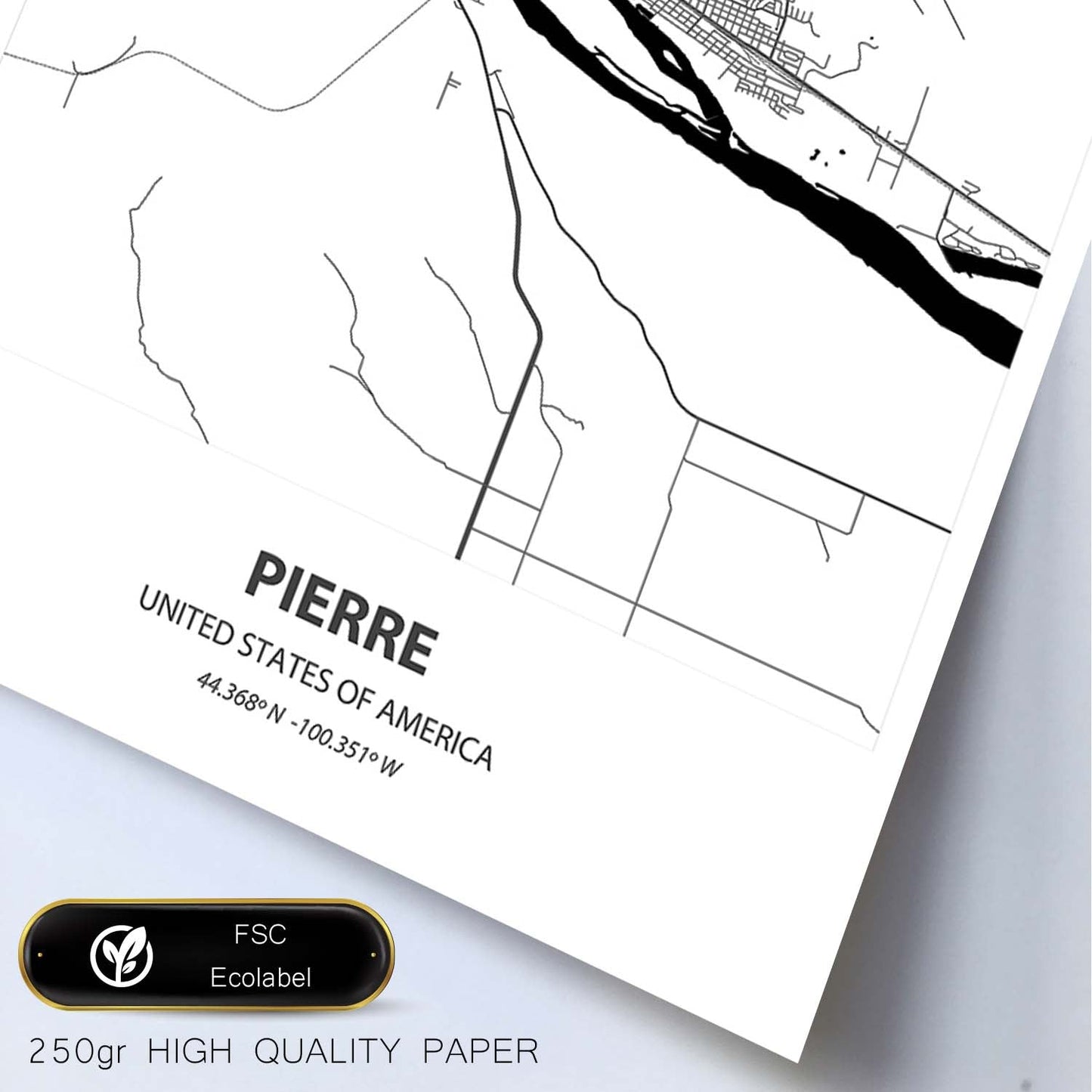 Poster con mapa de Pierre - USA. Láminas de ciudades de Estados Unidos con mares y ríos en color negro.-Artwork-Nacnic-Nacnic Estudio SL