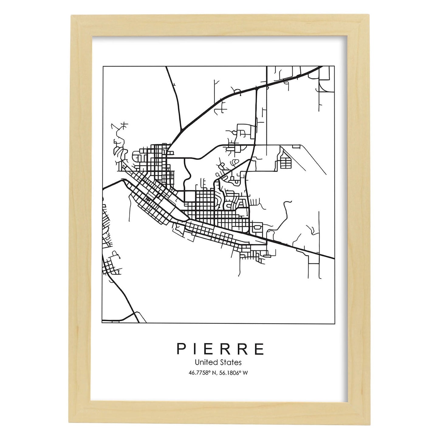 Poster con mapa de Pierre. Lámina de Estados Unidos, con imágenes de mapas y carreteras-Artwork-Nacnic-A3-Marco Madera clara-Nacnic Estudio SL