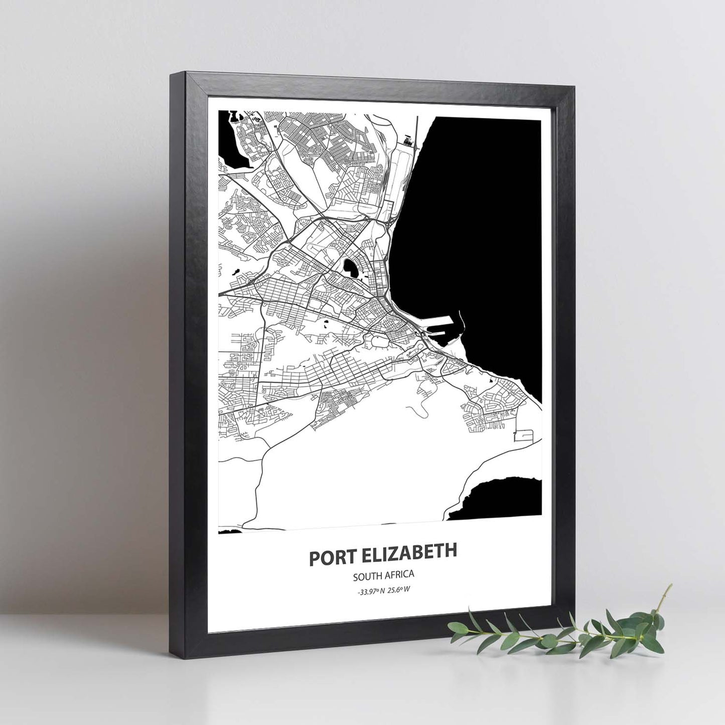 Poster con mapa de Port Elizabeth - Sudáfrica. Láminas de ciudades de África con mares y ríos en color negro.-Artwork-Nacnic-Nacnic Estudio SL
