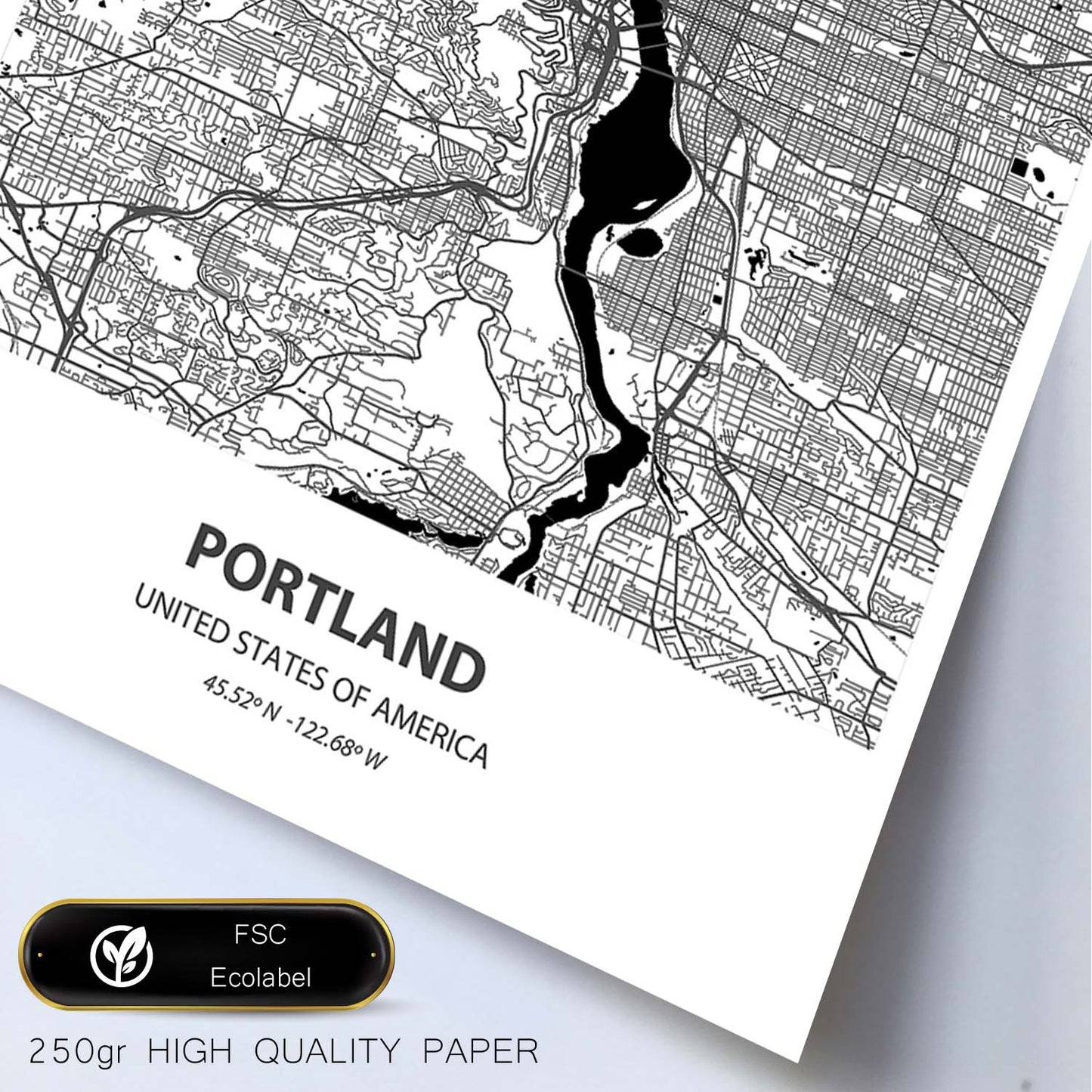 Poster con mapa de Portland - USA. Láminas de ciudades de Estados Unidos con mares y ríos en color negro.-Artwork-Nacnic-Nacnic Estudio SL