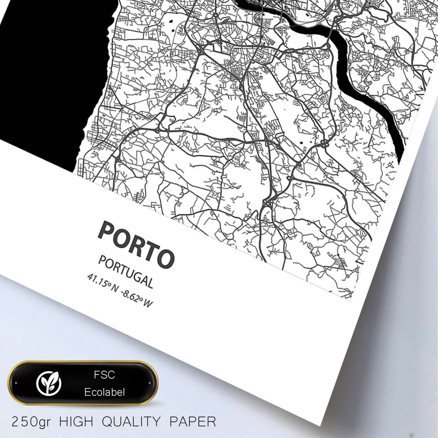 Poster con mapa de Porto - Portugal. Láminas de ciudades de España con mares y ríos en color negro.-Artwork-Nacnic-Nacnic Estudio SL