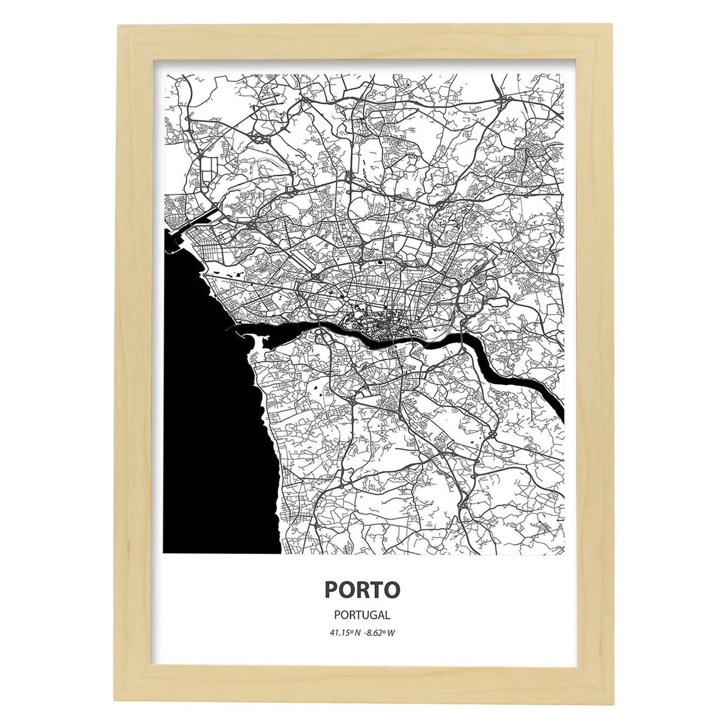 Poster con mapa de Porto - Portugal. Láminas de ciudades de España con mares y ríos en color negro.-Artwork-Nacnic-A4-Marco Madera clara-Nacnic Estudio SL