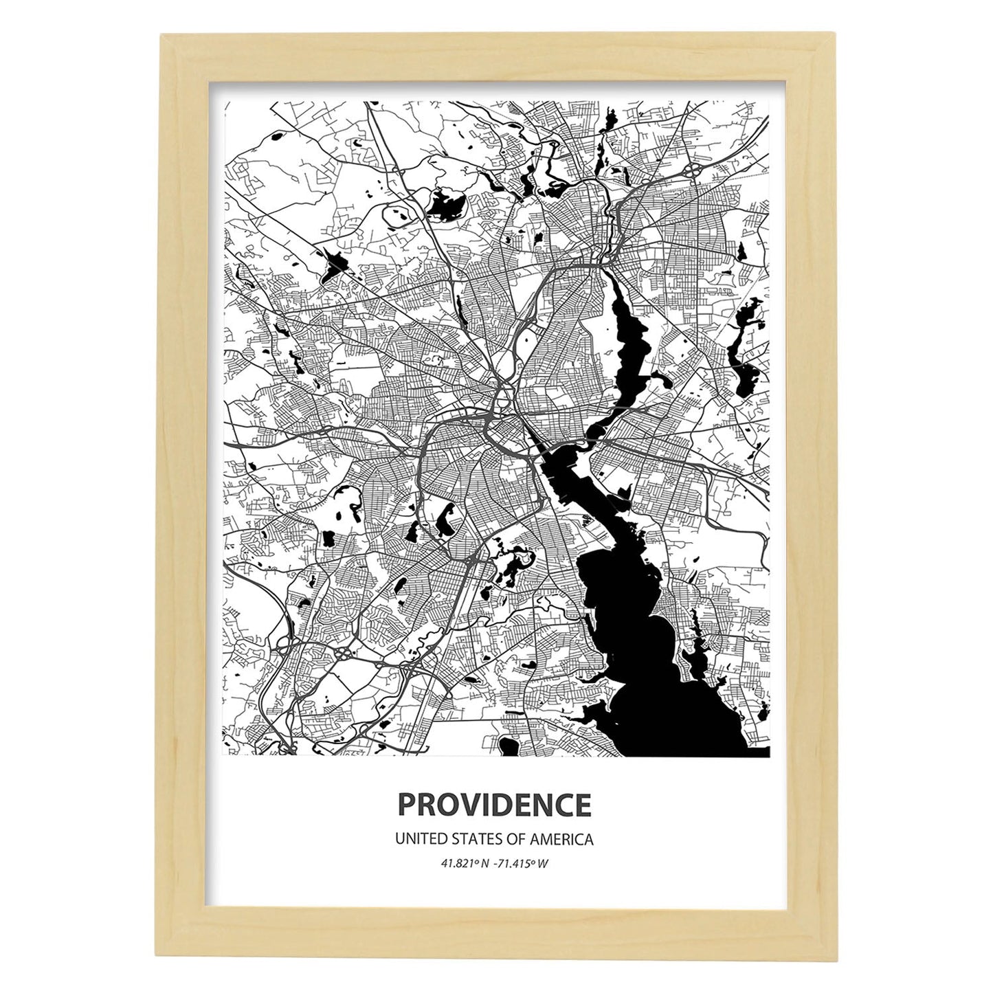 Poster con mapa de Providence - USA. Láminas de ciudades de Estados Unidos con mares y ríos en color negro.-Artwork-Nacnic-A4-Marco Madera clara-Nacnic Estudio SL