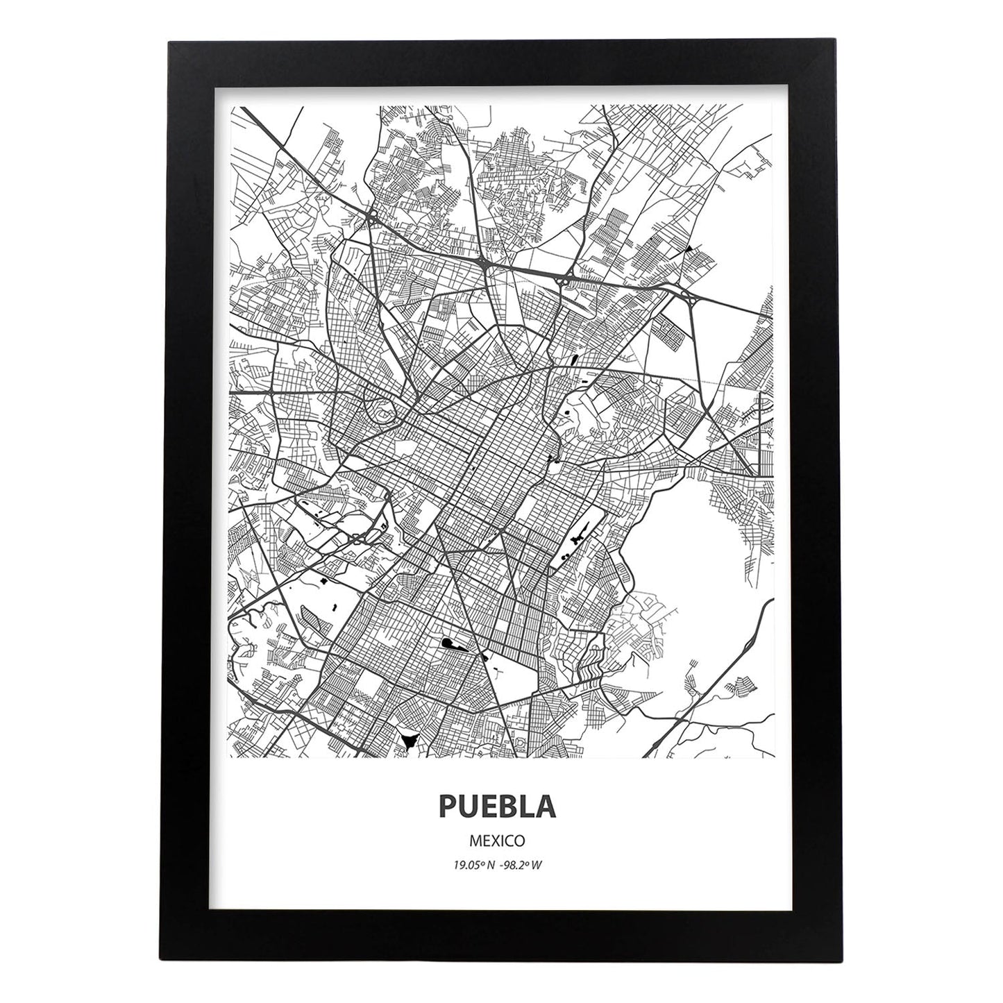 Poster con mapa de Puebla - Mexico. Láminas de ciudades de Latinoamérica con mares y ríos en color negro.-Artwork-Nacnic-A3-Marco Negro-Nacnic Estudio SL