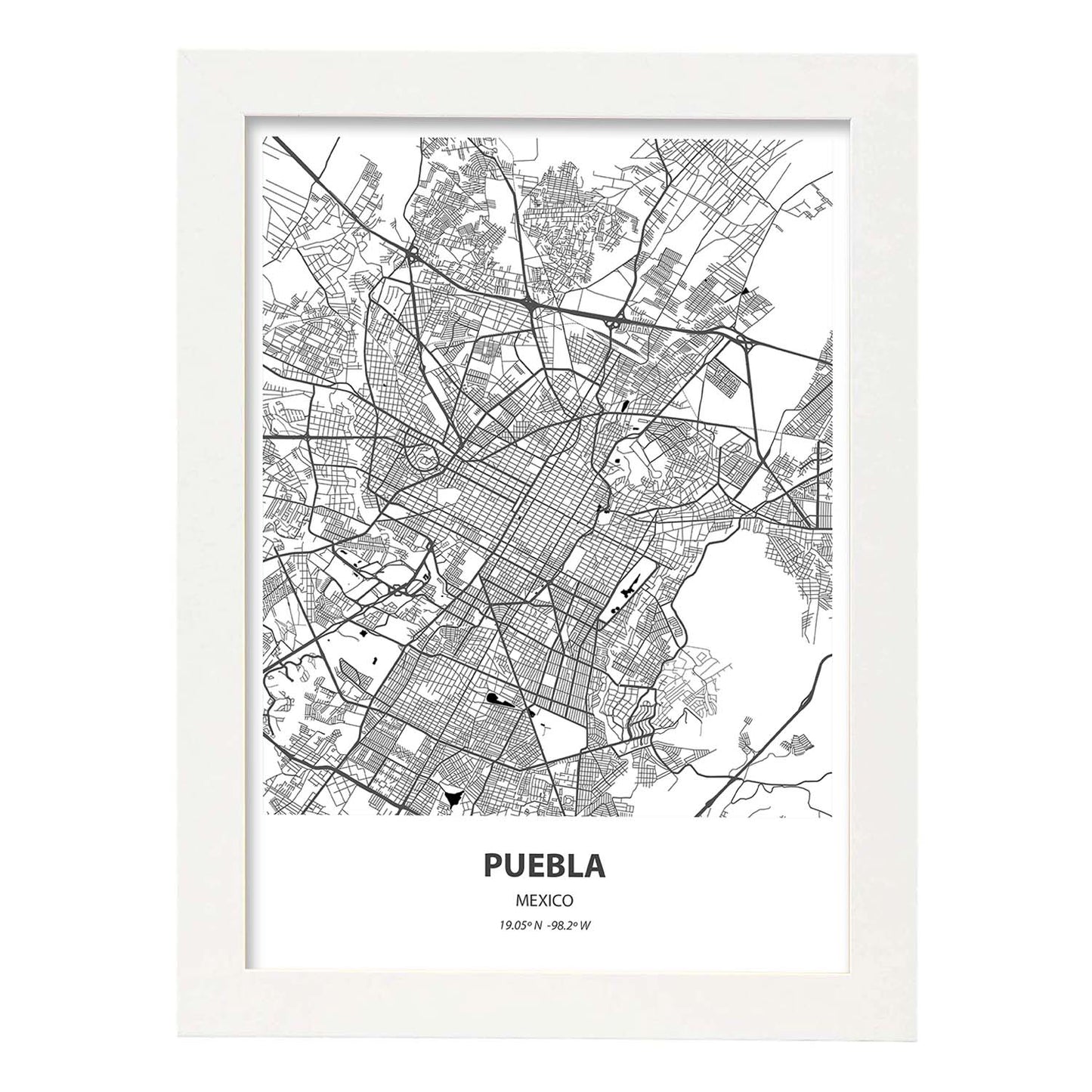 Poster con mapa de Puebla - Mexico. Láminas de ciudades de Latinoamérica con mares y ríos en color negro.-Artwork-Nacnic-A4-Marco Blanco-Nacnic Estudio SL