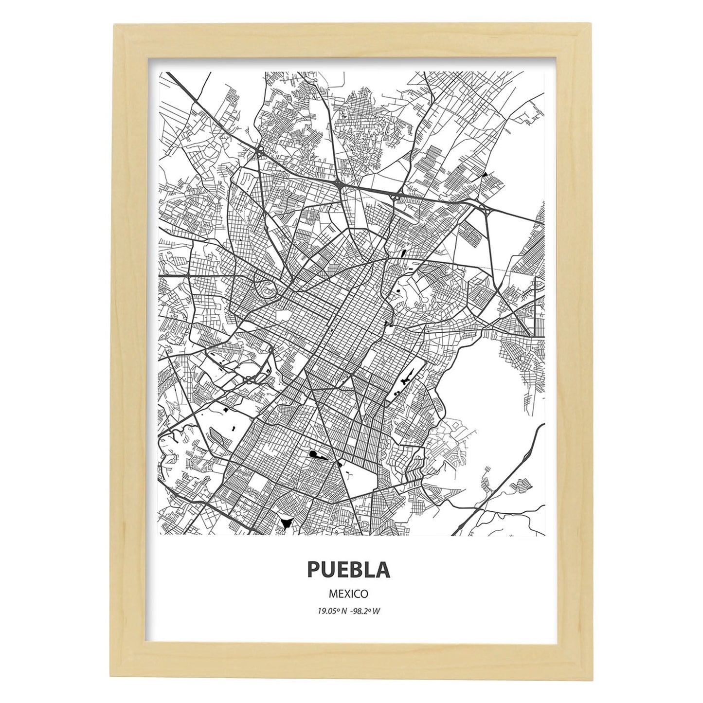 Poster con mapa de Puebla - Mexico. Láminas de ciudades de Latinoamérica con mares y ríos en color negro.-Artwork-Nacnic-A4-Marco Madera clara-Nacnic Estudio SL