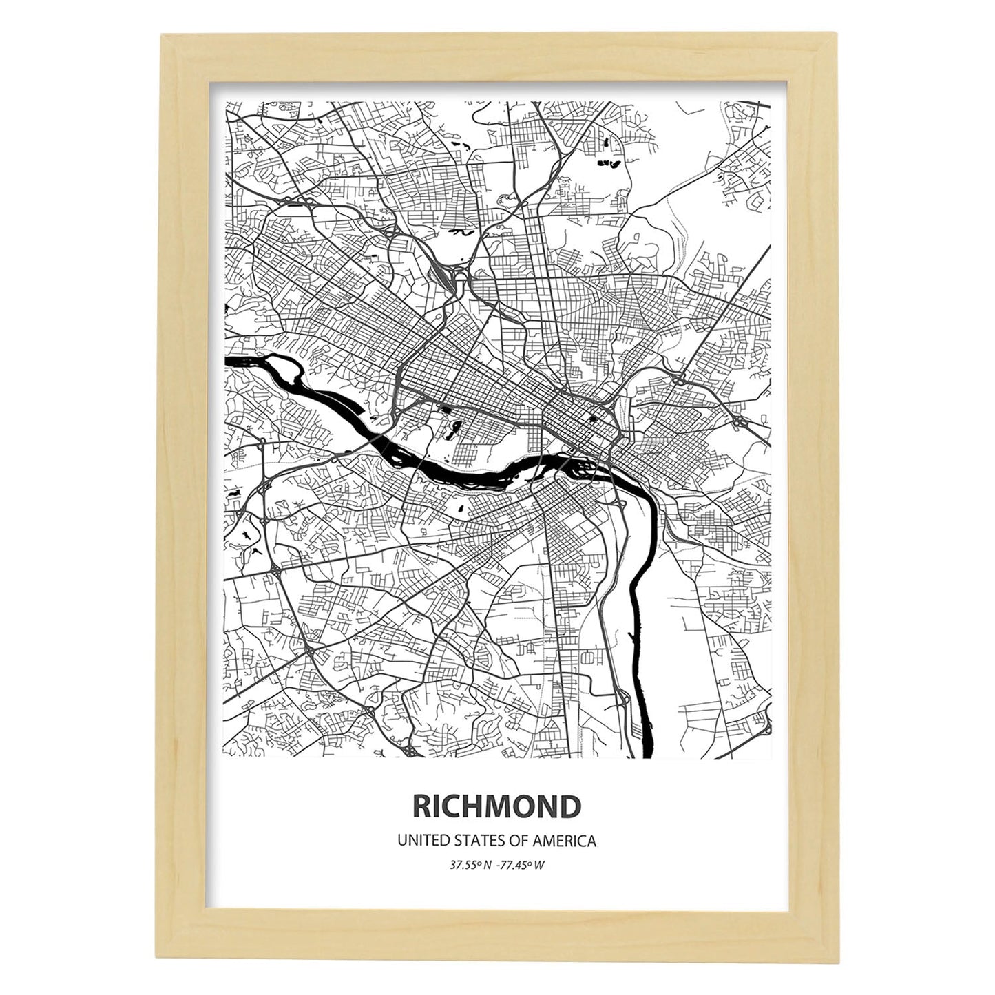 Poster con mapa de Richmond - USA. Láminas de ciudades de Estados Unidos con mares y ríos en color negro.-Artwork-Nacnic-A3-Marco Madera clara-Nacnic Estudio SL