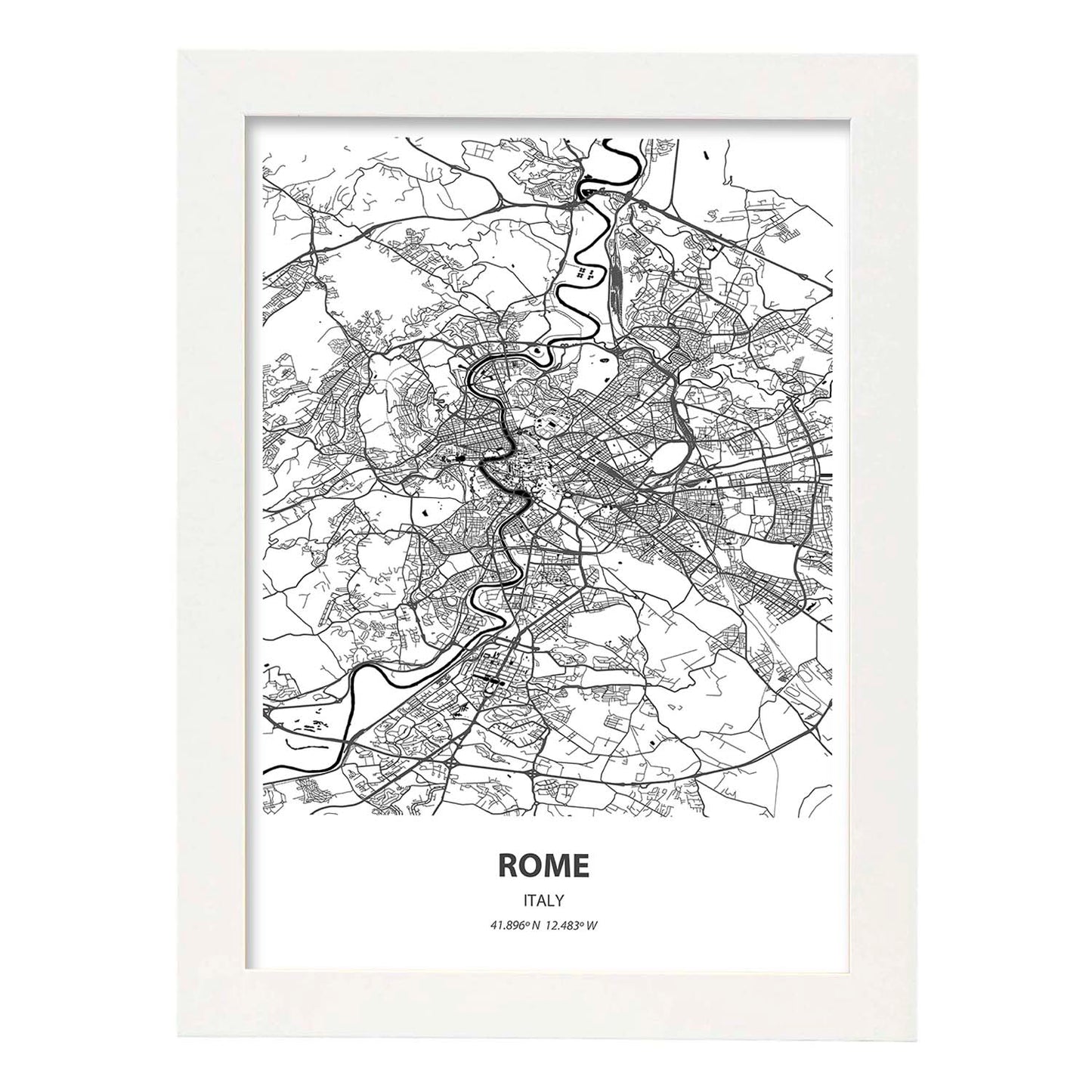 Poster con mapa de Rome - Italia. Láminas de ciudades de Italia con mares y ríos en color negro.-Artwork-Nacnic-A4-Marco Blanco-Nacnic Estudio SL