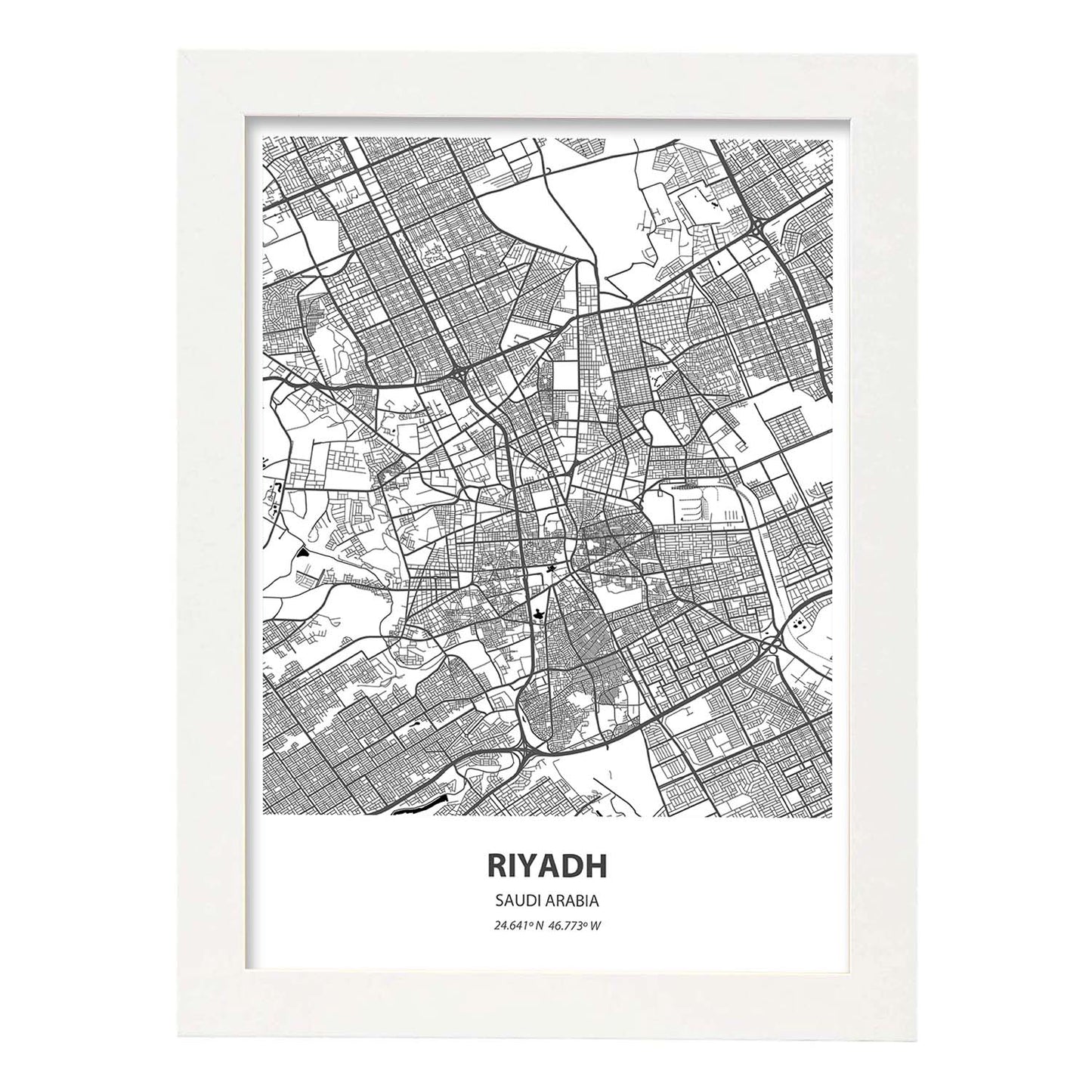 Poster con mapa de Ryadh - Arabia Saudi. Láminas de ciudades de Oriente Medio con mares y ríos en color negro.-Artwork-Nacnic-A4-Marco Blanco-Nacnic Estudio SL