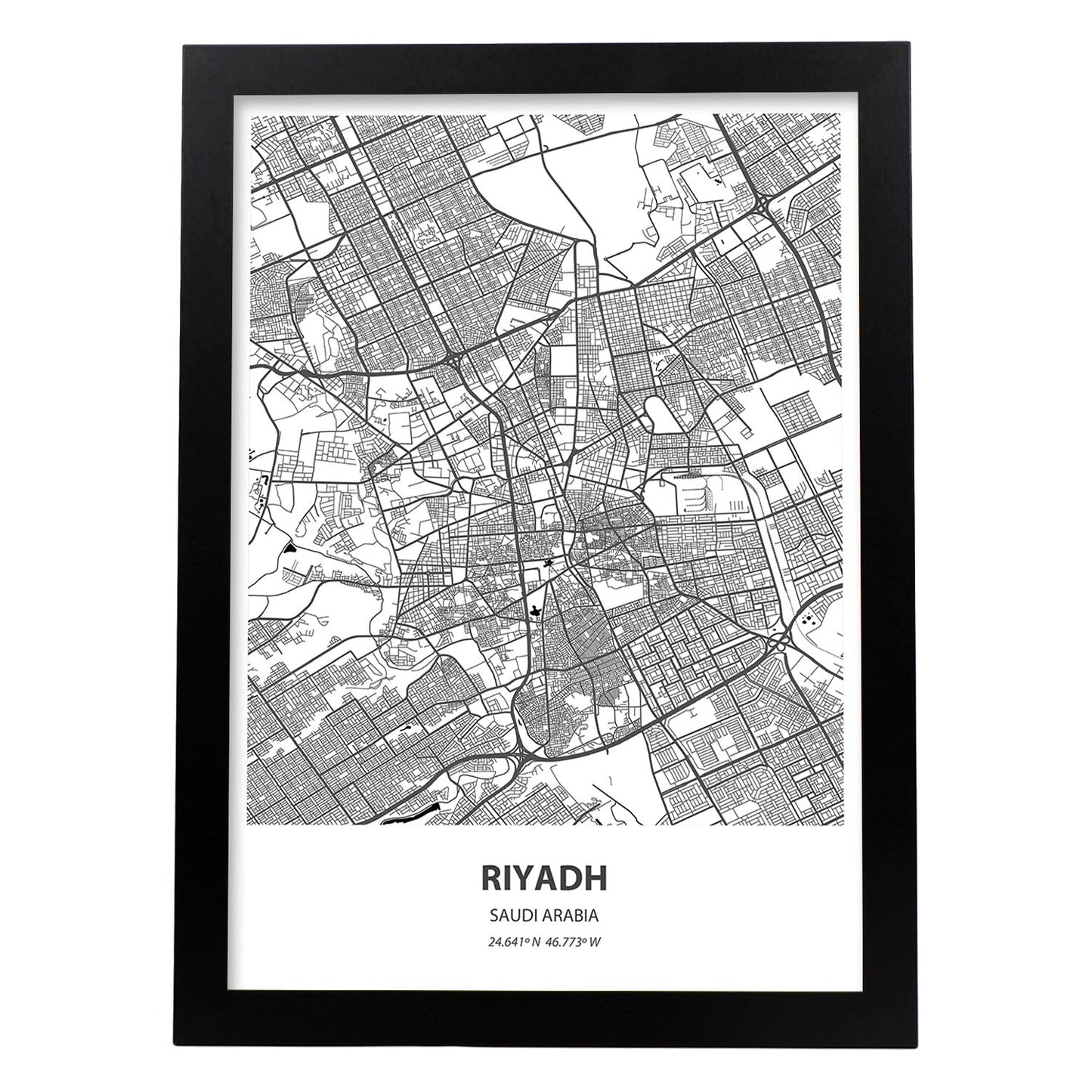 Poster con mapa de Ryadh - Arabia Saudi. Láminas de ciudades de Oriente Medio con mares y ríos en color negro.-Artwork-Nacnic-A4-Marco Negro-Nacnic Estudio SL