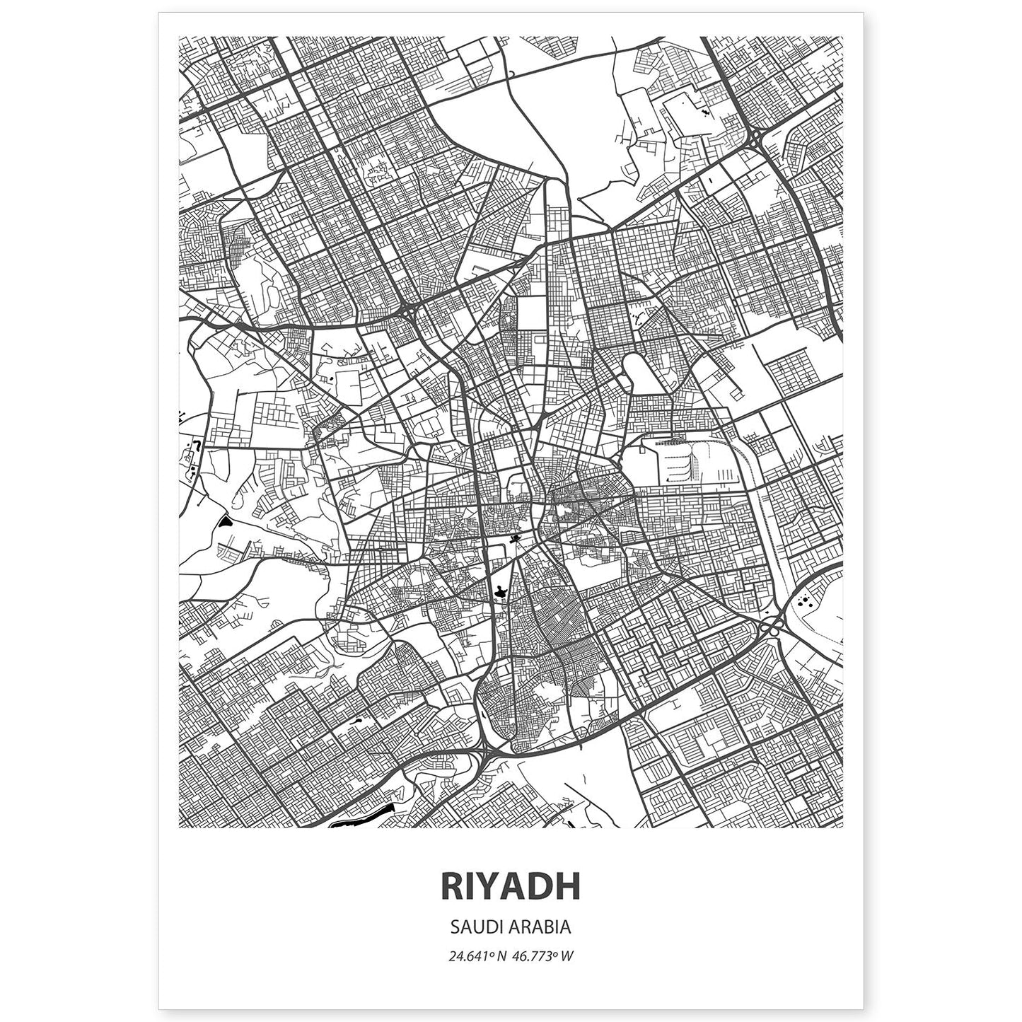 Poster con mapa de Ryadh - Arabia Saudi. Láminas de ciudades de Oriente Medio con mares y ríos en color negro.-Artwork-Nacnic-A4-Sin marco-Nacnic Estudio SL