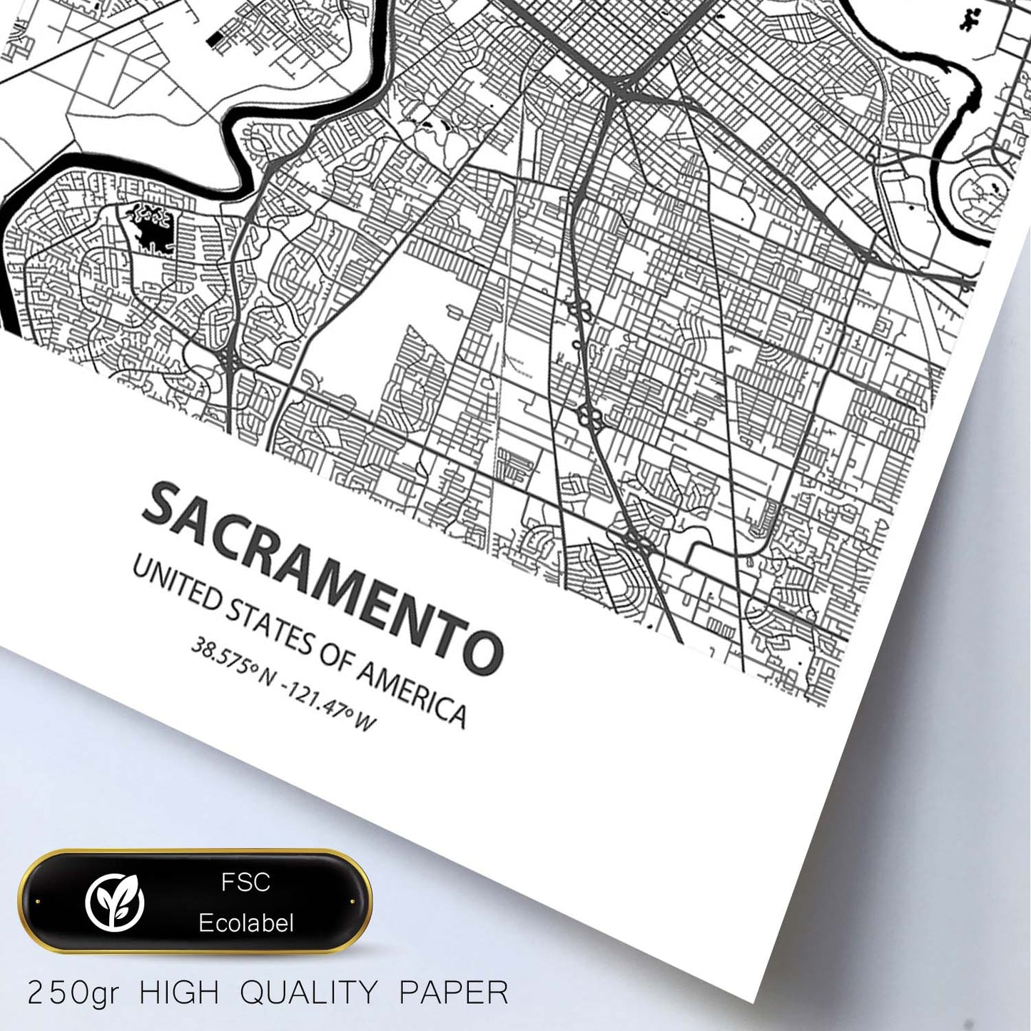 Poster con mapa de Sacramento - USA. Láminas de ciudades de Estados Unidos con mares y ríos en color negro.-Artwork-Nacnic-Nacnic Estudio SL