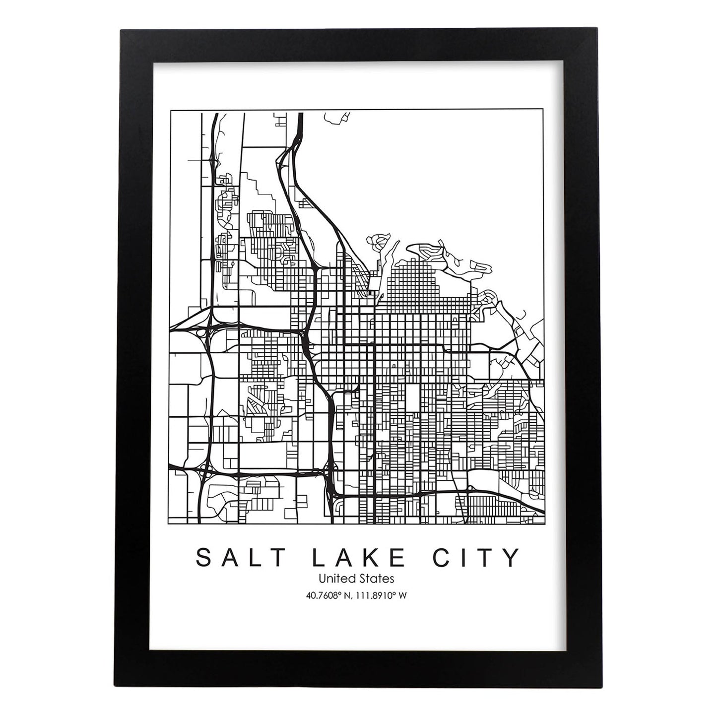 Poster con mapa de Salt Lake. Lámina de Estados Unidos, con imágenes de mapas y carreteras-Artwork-Nacnic-A4-Marco Negro-Nacnic Estudio SL