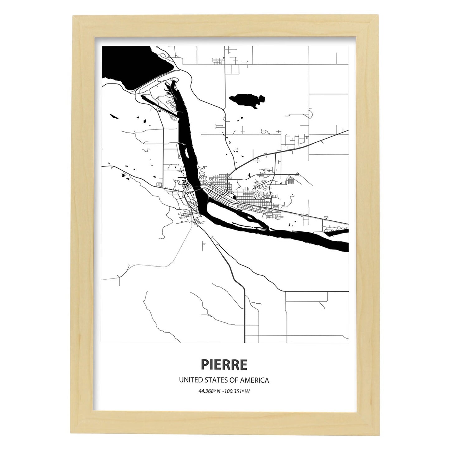 Poster con mapa de San Antonio - USA. Láminas de ciudades de Estados Unidos con mares y ríos en color negro.-Artwork-Nacnic-A3-Marco Madera clara-Nacnic Estudio SL