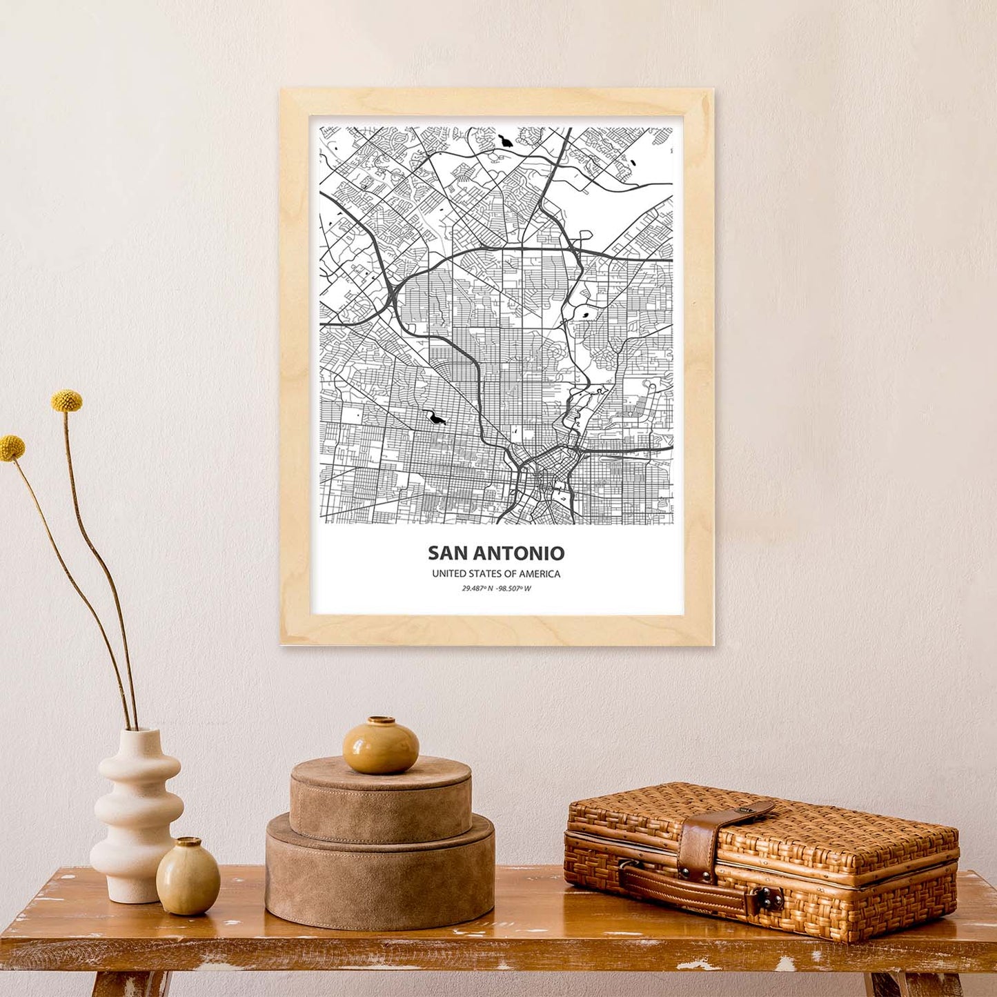 Poster con mapa de San Antonio - USA. Láminas de ciudades de Estados Unidos con mares y ríos en color negro.-Artwork-Nacnic-Nacnic Estudio SL