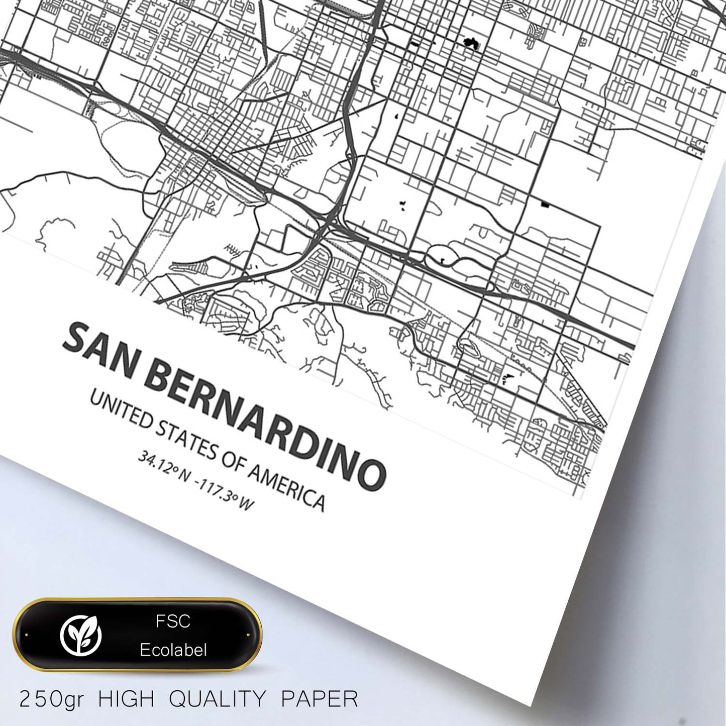 Poster con mapa de San Bernardino - USA. Láminas de ciudades de Estados Unidos con mares y ríos en color negro.-Artwork-Nacnic-Nacnic Estudio SL