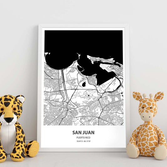 Poster con mapa de San Juan - Puerto Rico. Láminas de ciudades de Latinoamérica con mares y ríos en color negro.-Artwork-Nacnic-Nacnic Estudio SL