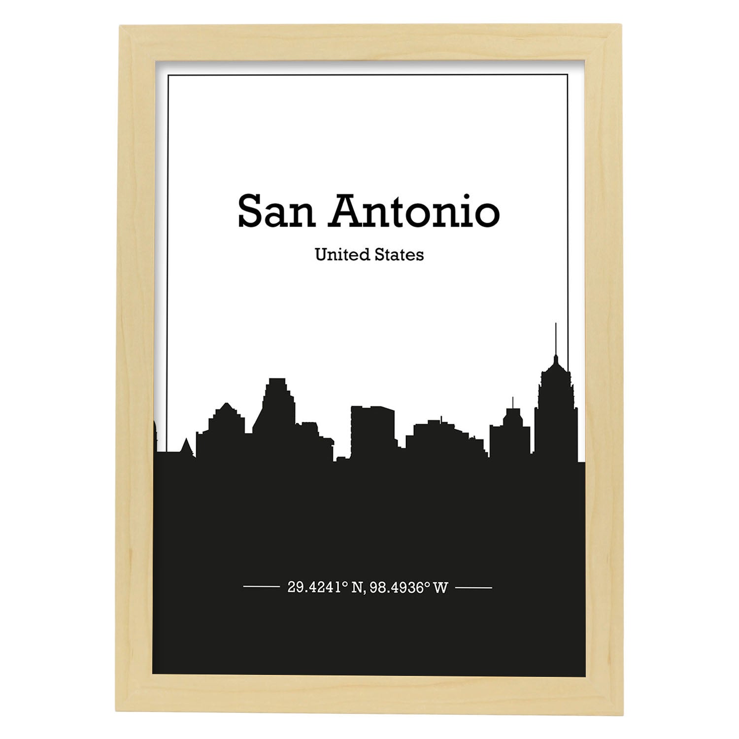 Poster con mapa de Sanantonio - USA. Láminas con Skyline de ciudades de Estados Unidos, Canada, Mexico con sombra negra.-Artwork-Nacnic-A3-Marco Madera clara-Nacnic Estudio SL