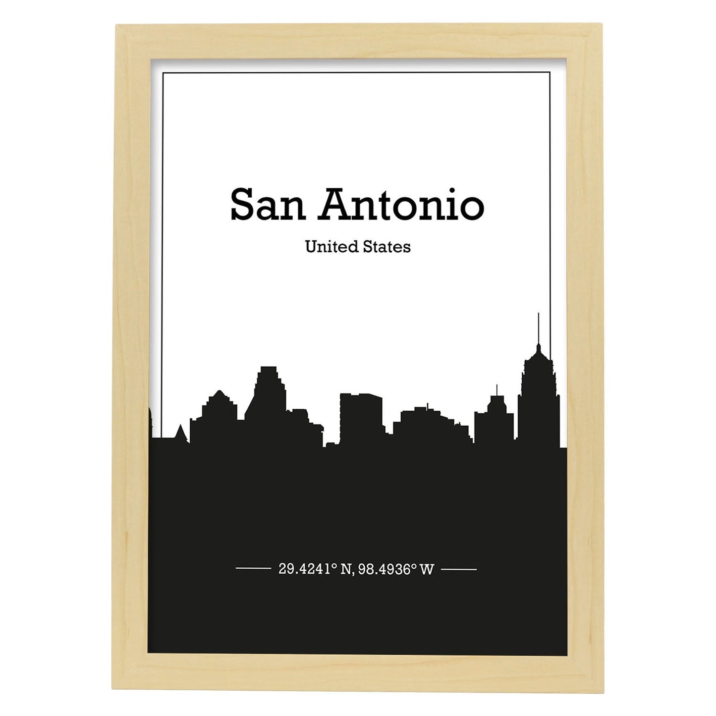 Poster con mapa de Sanantonio - USA. Láminas con Skyline de ciudades de Estados Unidos, Canada, Mexico con sombra negra.-Artwork-Nacnic-A4-Marco Madera clara-Nacnic Estudio SL