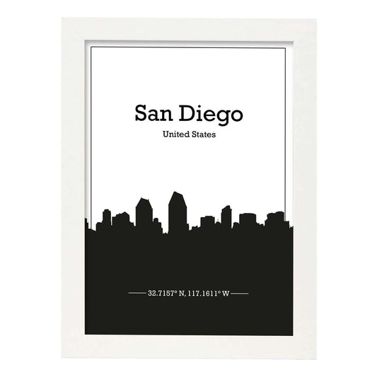 Poster con mapa de Sandiego - USA. Láminas con Skyline de ciudades de Estados Unidos, Canada, Mexico con sombra negra.-Artwork-Nacnic-A4-Marco Blanco-Nacnic Estudio SL