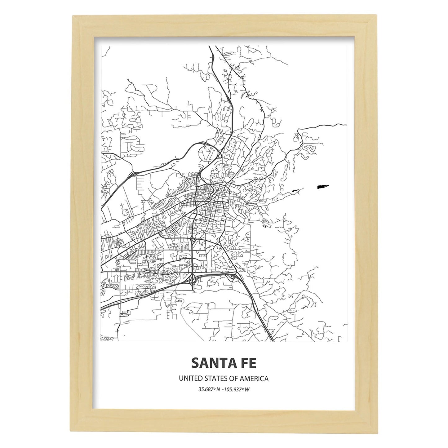 Poster con mapa de Santa Fe - USA. Láminas de ciudades de Estados Unidos con mares y ríos en color negro.-Artwork-Nacnic-A4-Marco Madera clara-Nacnic Estudio SL